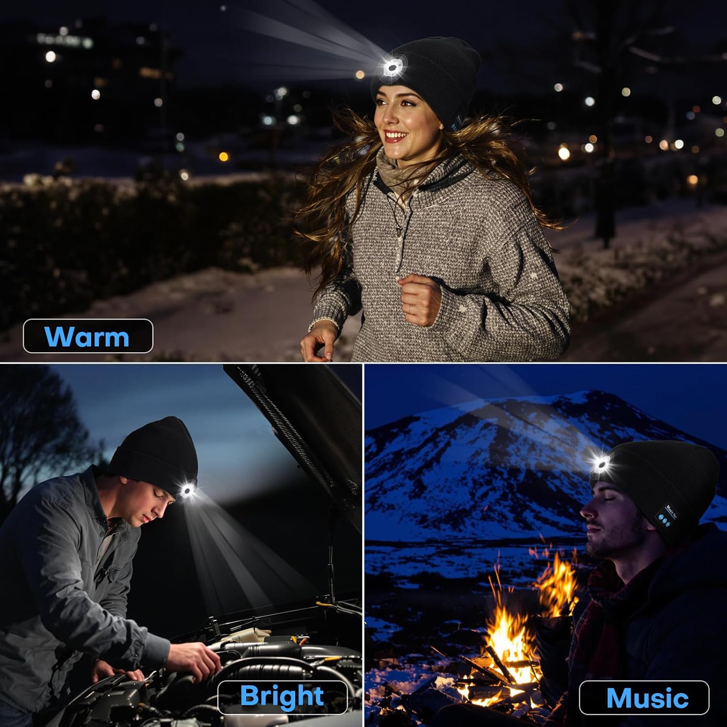 Bluetooth Beanie with Light, 2025 New Musical Knitted Hat with Headphone, Built-in Stereo Speakers Mic, 5 LED Super Bright, USB-C Charging, Cool Gadgets for Men Dad Camping Running Fishing Black - Image 6
