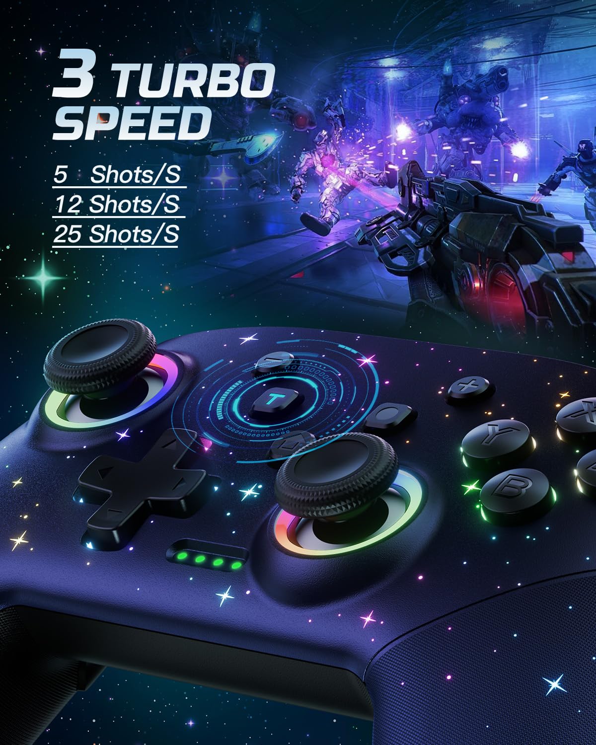 VOYEE Switch Controller, LED Star Wireless Pro Controllers Compatible with Switch 2/Lite/OLED, Multi-Platform Windows PC with 9 Colors Colorful RGB Lights/Programmable/Vibration/Turbo/Wakeup - Image 3