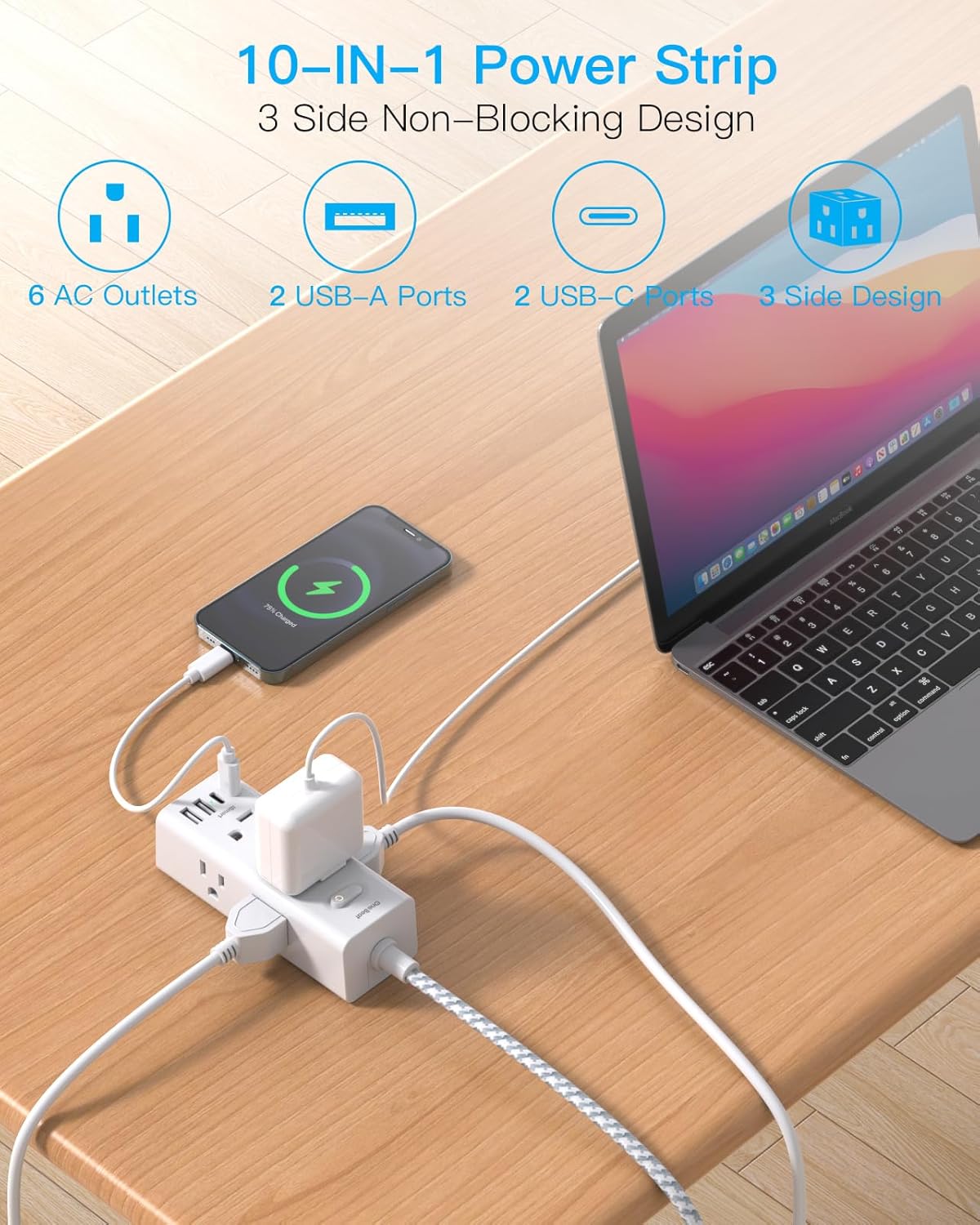 Power Strip Surge Protector - One Beat 6 Widely Outlets with 4 USB Ports (2 USB C), 5 Ft Extension Cord Flat Plug, Wall Mount Outlet Extender Small Power Strip for Travel Home Office College Dorm Room - Image 2