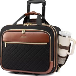 LOVEVOOK Rolling Laptop Bag Women, 17.3 Inch Laptop Briefcase with Wheels, Soft Sided Underseat Carry On Luggage Personal Item Suitcase for Work Travel Business, Black Brown
