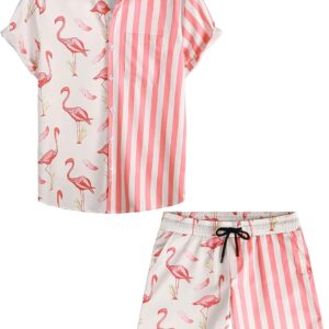VATPAVE Mens Flamingo Hawaiian Sets Casual Short Sleeve Button Down Shirts Beach Outfits