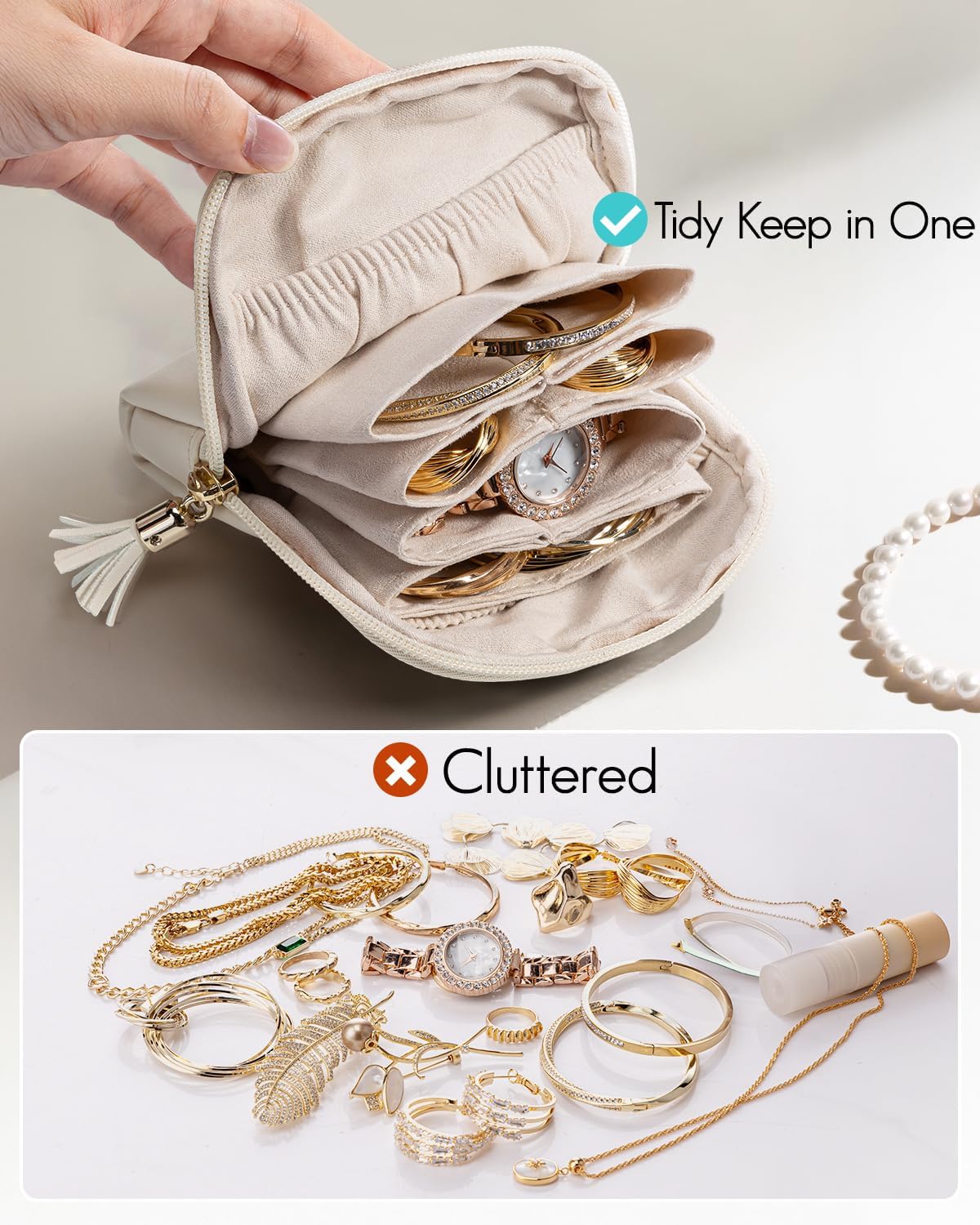 Vlando Small Travel Jewelry Case,Travel Gifts for Women,Jewelry Pouch Bags with Zipper,Velvet Jewelry Organizer Storage Bag for Bracelet Rings Earring-Cream White - Image 7