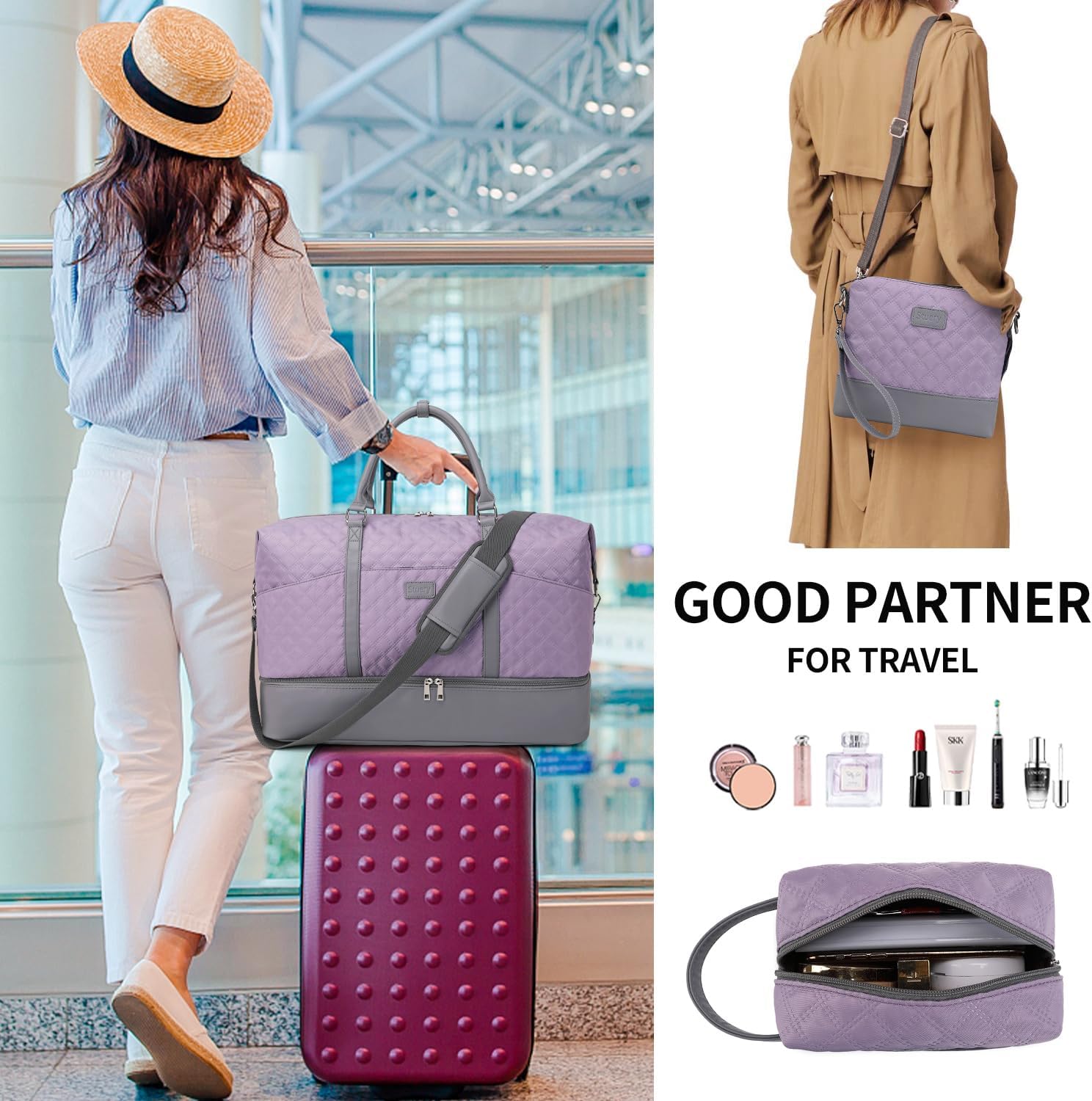 Weekender Bag, Large Travel Duffel Bag for Women, Carry on Overnight Bag with Shoe Compartment and Toiletry Bags - Image 3