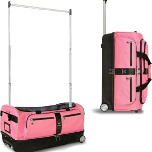 Travolution Dance Bag with Garment Rack, 28 Inch Rolling Duffel With Wheels, Ideal for Competitions & Travel, Easy-assembly Lightweight Aluminum Clothes Rack, Drop-Bottom Luggage, Black/Pink