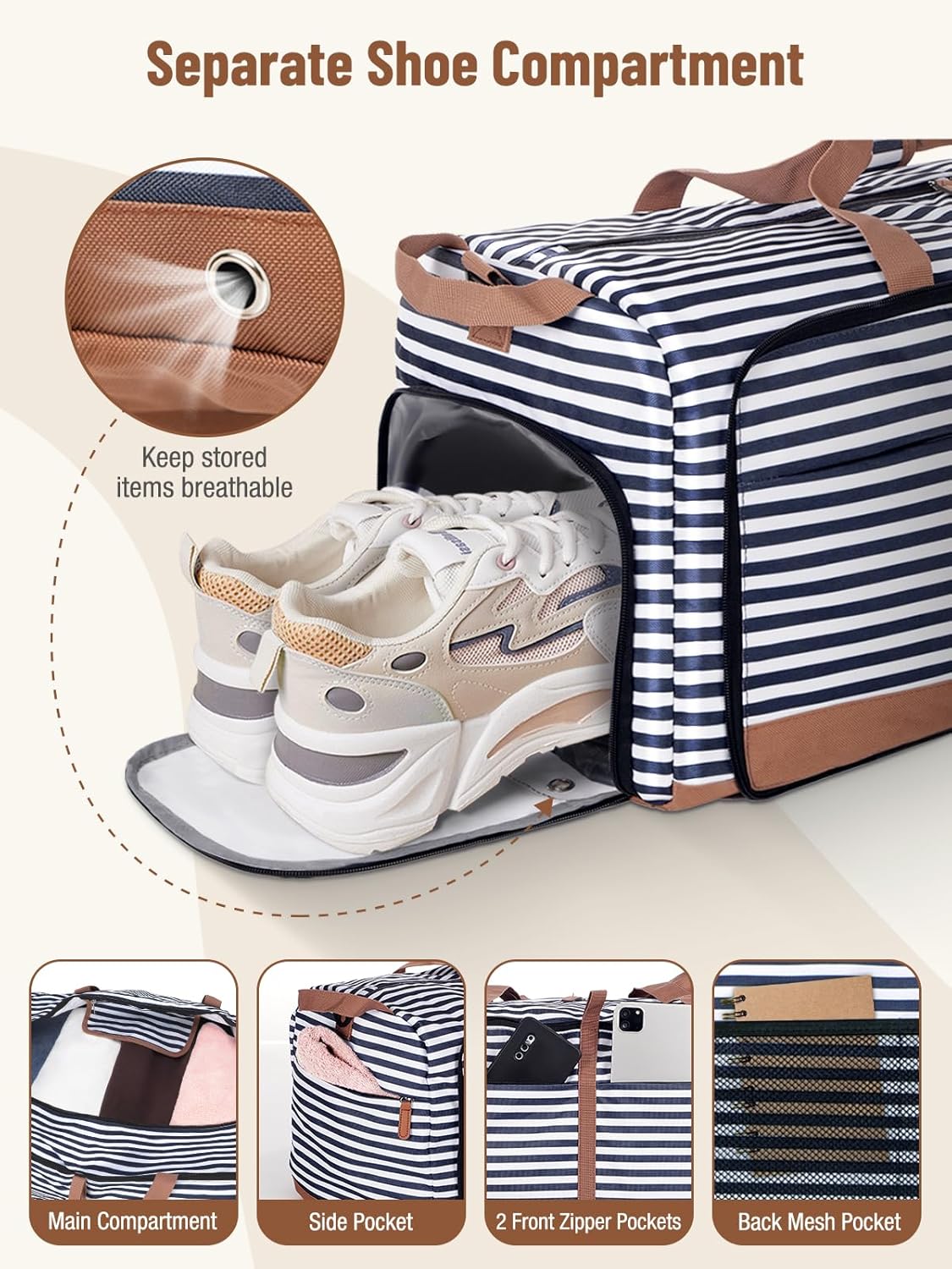 Lekesky Foldable Travel Duffle Bag for Women, 80L Large Duffel Bag with Separate Shoes Compartments & Straps, Carry On Weekend Bag for Women, Hospital, Overnight (Blue Stripes) - Image 4