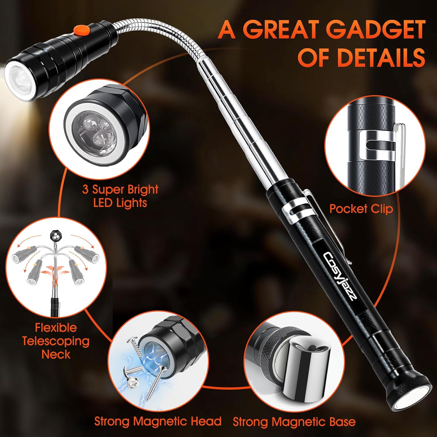 Magnetic Pickup Tool, Cosyjazz Magnetic Flashlight Telescoping Magnet with LED Flashlight and Extendable Neck, Cool Gadget Birthday Gifts for Men, Dad, Husband, Mechanic, Tech, Handyman - Image 4