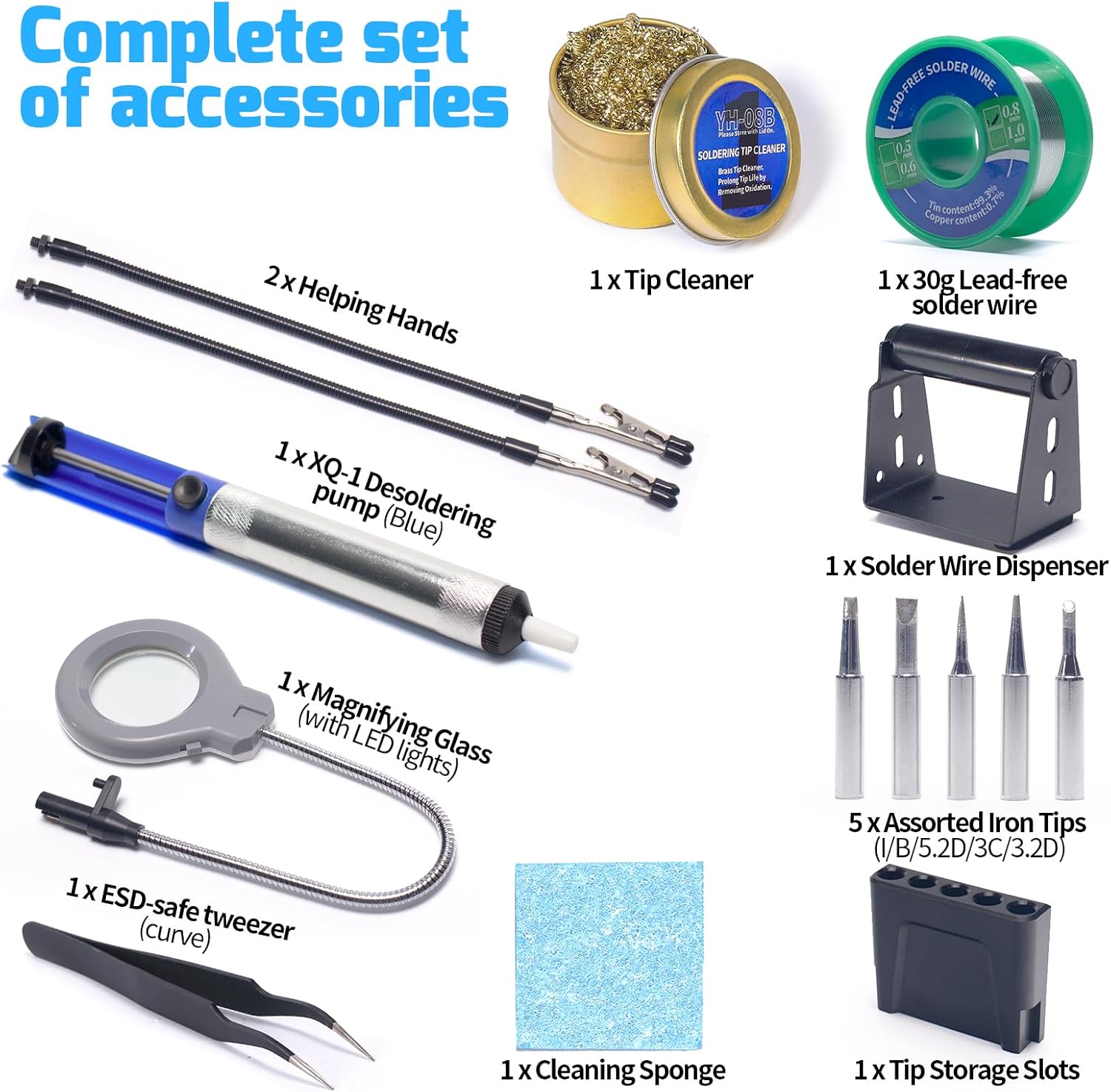 WEP 927-IV Soldering Station Kit High-Power 110W with 3 Preset Channels, Sleep Mode, LED Magnifier, 5 Extra Iron Tips, Tip Cleaner, 2 Helping Hands, Tip Storage Slots, Lead-free Solder Wire, Tweezers - Image 7