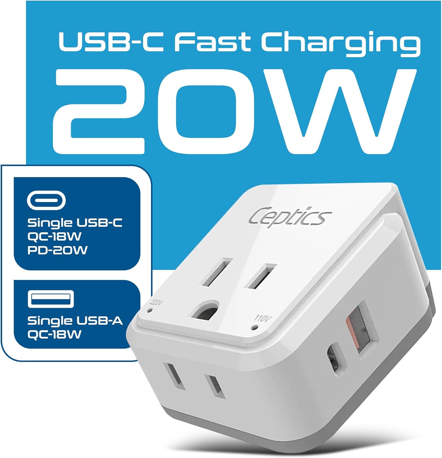 Ceptics China, Malaysia Power Adapter Travel Set, 20W PD & QC, Safe Dual USB & USB-C 3.1A–2 USA Outlet - Compact-Use in Hong Kong, Kuwait, Singapore, Iraq - Includes Type G, I, C SWadAPt Attachments - Image 2