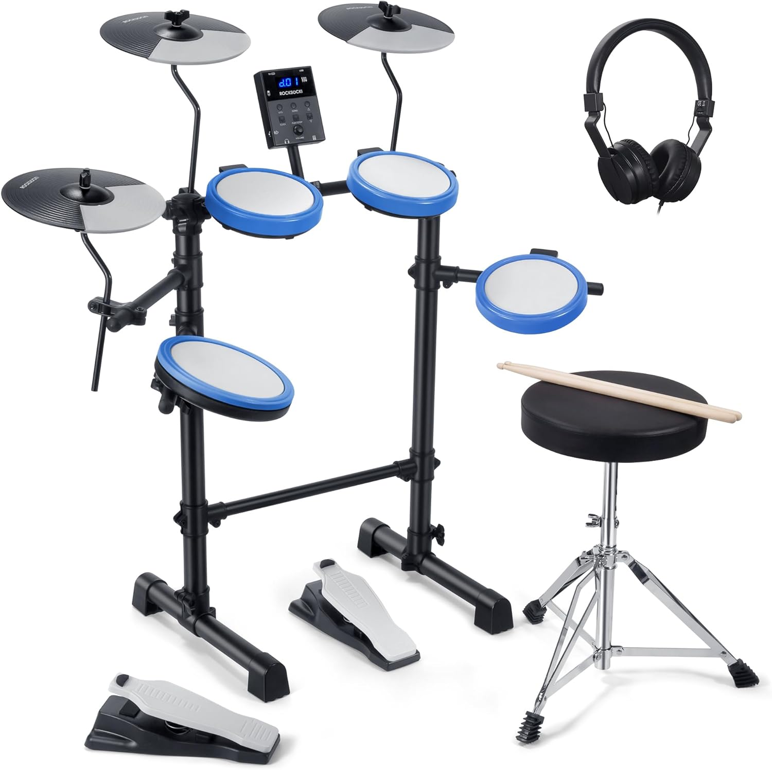Rocksocki Electric Drum Set, Electronic Drum Kit for Beginner Junior with 180 Sounds, 4 Quiet Mesh Pads, 9" Cymbals, USB MIDI, 2 Pedal, Throne, Headphones, Sticks