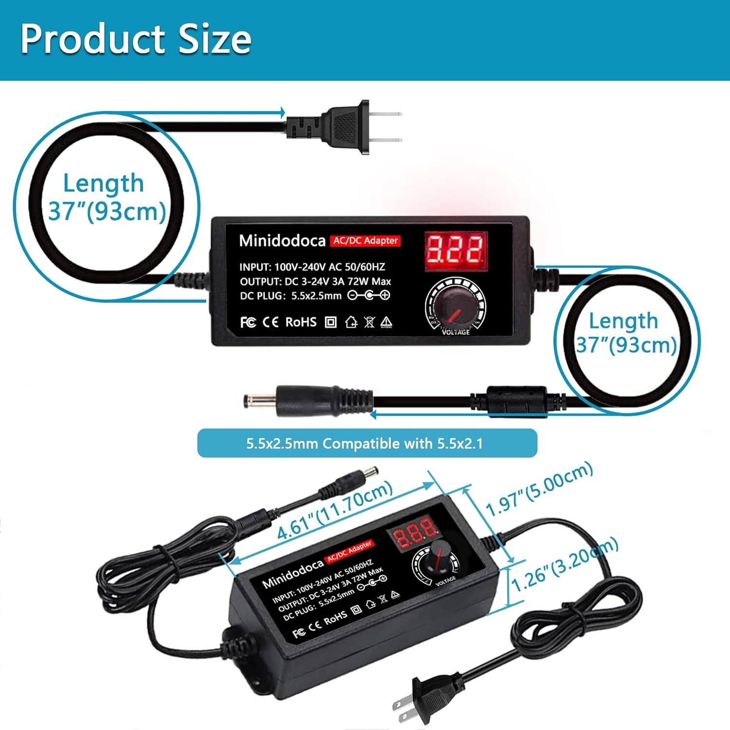 72W Power Supply Adjustable DC 3V ~ 24V Variable Universal Switching AC/DC Adapter Minidodoca AC to DC Converter with LED Voltage Display and 13 Tips, for 3V to 24V Household Electronics - 3000mA Max - Image 4