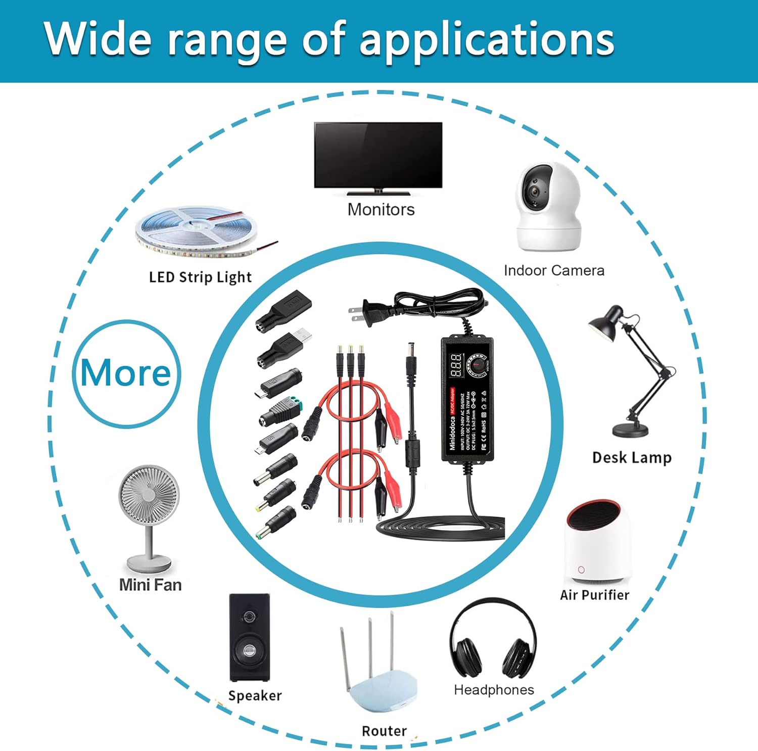 72W Power Supply Adjustable DC 3V ~ 24V Variable Universal Switching AC/DC Adapter Minidodoca AC to DC Converter with LED Voltage Display and 13 Tips, for 3V to 24V Household Electronics - 3000mA Max - Image 9