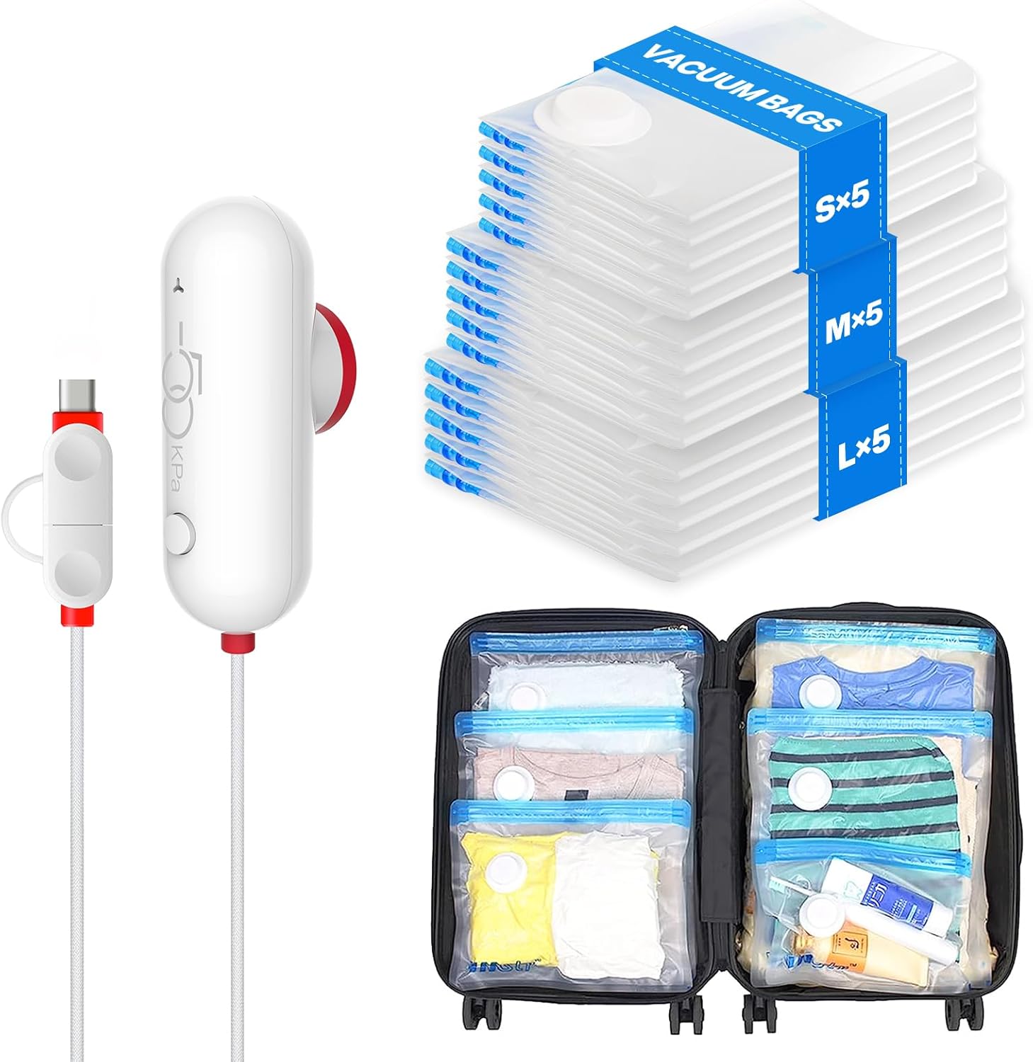 VMstr 15 Pack Travel Vacuum Storage Bags with USB Pump, Vacuum Packing Seal for Luggage and Suitcase, Space Saver for Clothes and Clothing Travel