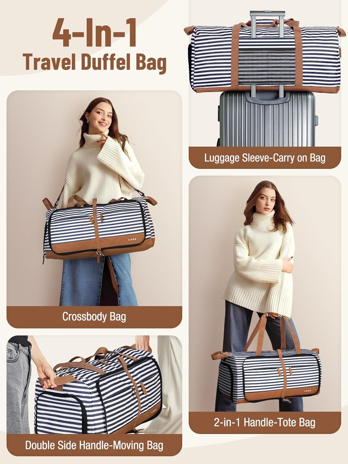 Lekesky Foldable Travel Duffle Bag for Women, 80L Large Duffel Bag with Separate Shoes Compartments & Straps, Carry On Weekend Bag for Women, Hospital, Overnight (Blue Stripes) - Image 5