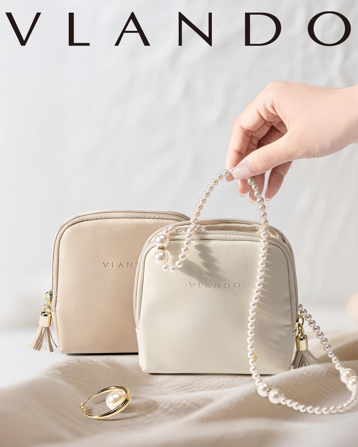 Vlando Small Travel Jewelry Case,Travel Gifts for Women,Jewelry Pouch Bags with Zipper,Velvet Jewelry Organizer Storage Bag for Bracelet Rings Earring-Cream White - Image 9