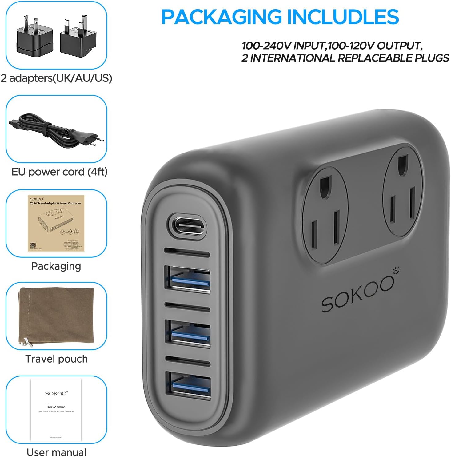 SOKOO 220v to 110v Voltage Converter, International Universal Travel Adapter, 4 USB Ports (1 USB C) Step Down Power Converter Adapter Combo with UK/AU/US/EU Plug Adapter - Image 6