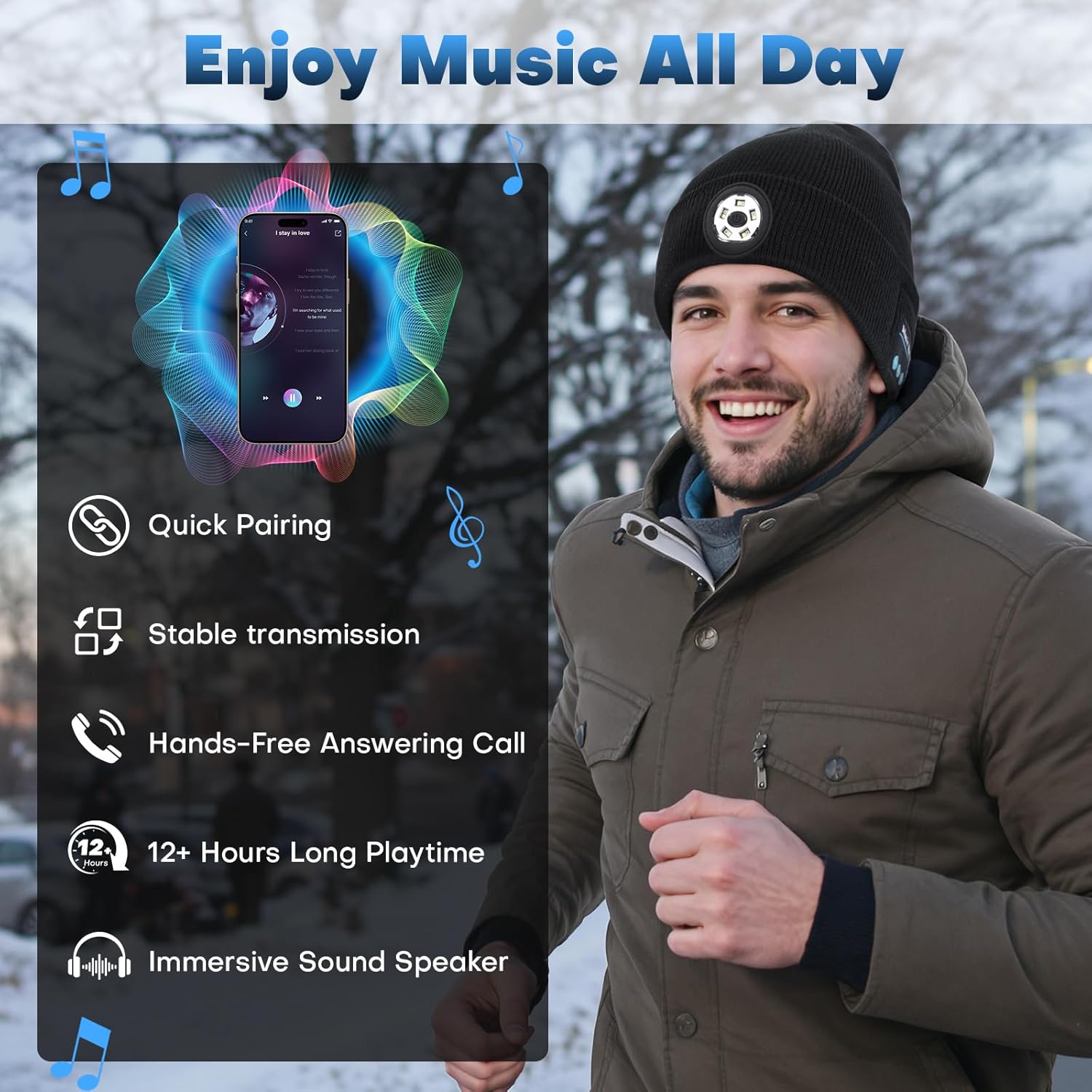 Bluetooth Beanie with Light, 2025 New Musical Knitted Hat with Headphone, Built-in Stereo Speakers Mic, 5 LED Super Bright, USB-C Charging, Cool Gadgets for Men Dad Camping Running Fishing Black - Image 3