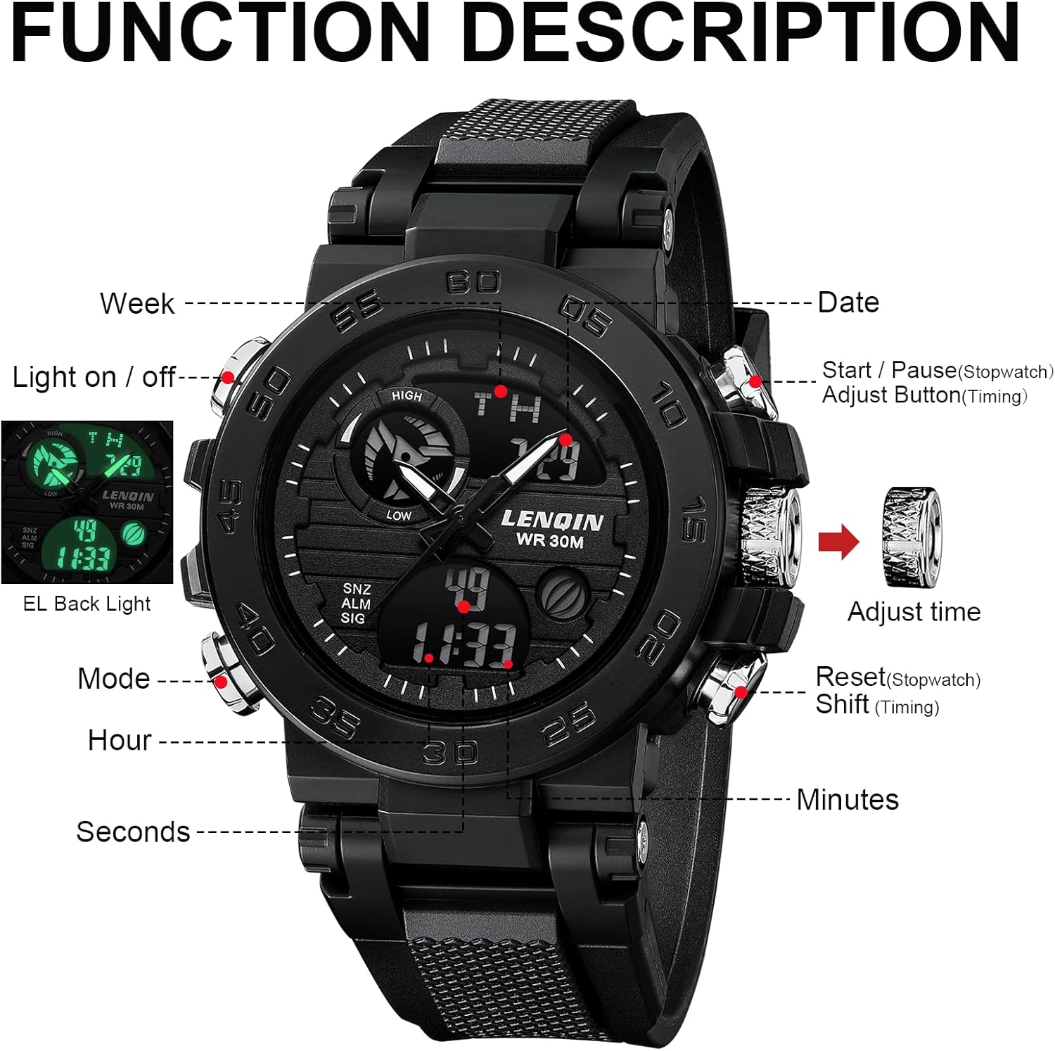 LN LENQIN Mens Watches Digital Military Watch for Men Stopwatch Army Survival Tactical Sports Outdoor Big Face Waterproof Men's Wrist Watches with LED Backlight/Timer/Alarm/Date - Image 7