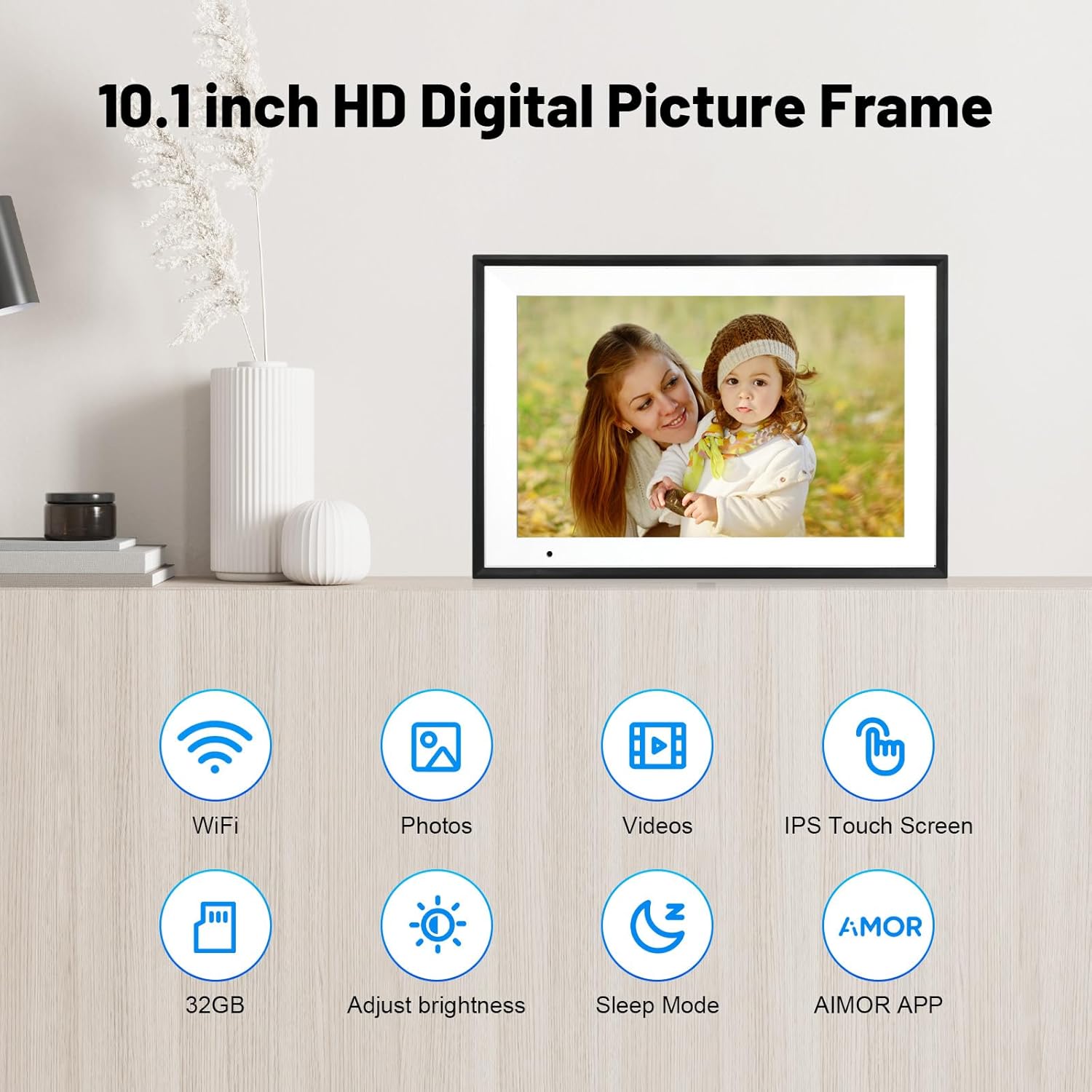 Digital Photo Frame 10.1 Inch WiFi Digital Picture Frame IPS HD Touch Screen Smart Cloud Photo Frame with 32GB Storage, Auto-Rotate, Easy Setup to Share Photos or Videos Remotely via AiMOR APP (Black) - Image 2
