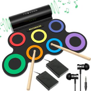 ROCKSOCKI Electric Drum Set, 7-Pad Electronic Drum Set with Headphone Included, Roll-up Drum Pad For Kids, Great Holiday Xmas Birthday Gift (Dual Speakers)