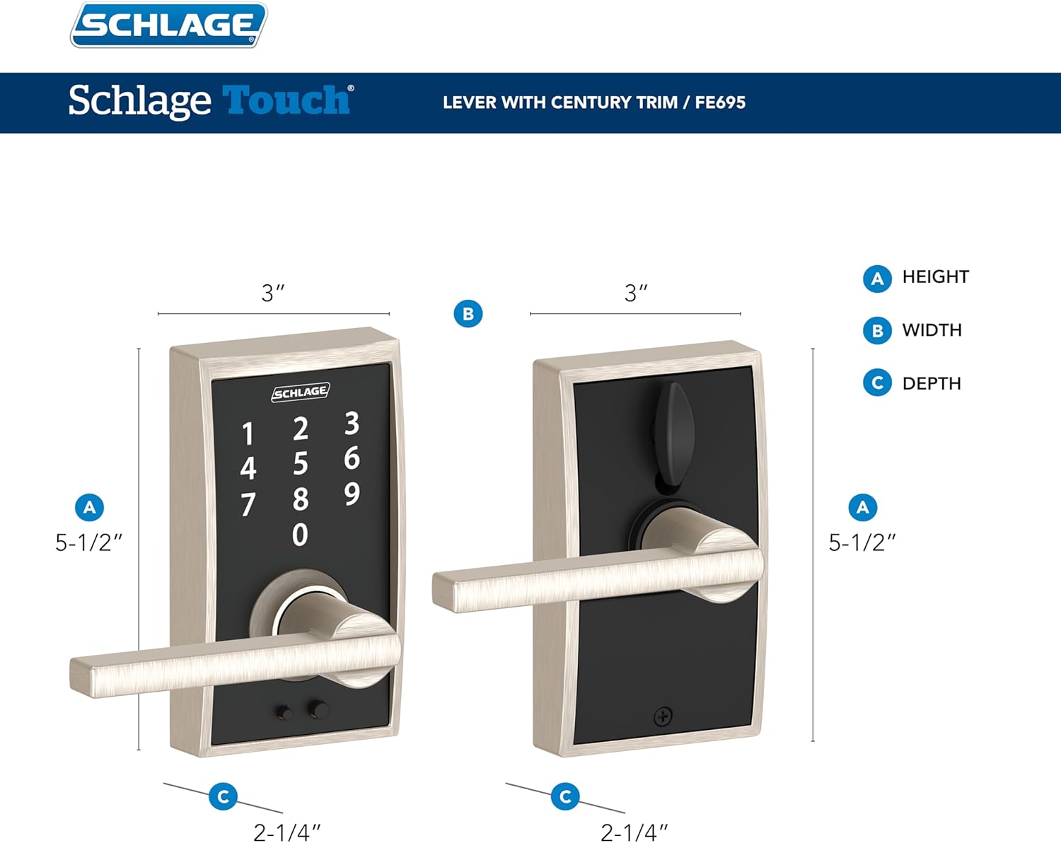 Schlage FE695 CEN 622 LAT Touch Century Lock with Latitude Lever, Electronic Keyless Entry Lock, Matte Black - Image 2
