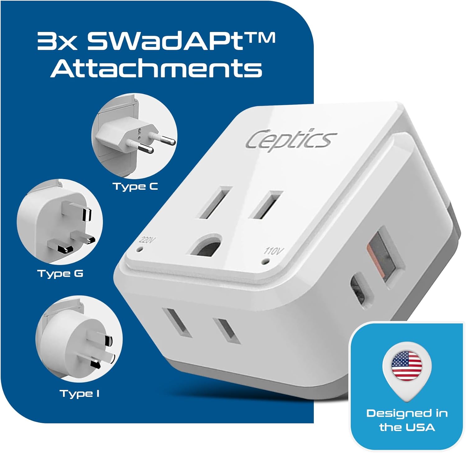 Ceptics China, Malaysia Power Adapter Travel Set, 20W PD & QC, Safe Dual USB & USB-C 3.1A–2 USA Outlet - Compact-Use in Hong Kong, Kuwait, Singapore, Iraq - Includes Type G, I, C SWadAPt Attachments - Image 4