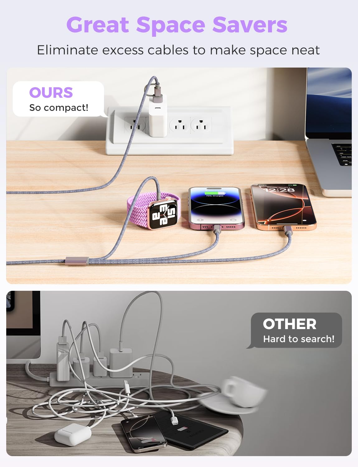 Travel Essentials for Apple Watch Charger,3 in 2 USB C Cable Multi Charging Cable USB C/L for Car,Vacation Camping Essentials iWatch Charger for Ultra/SE/10-1&iPhone 17-12 Christmas Stocking Stuffers - Image 4