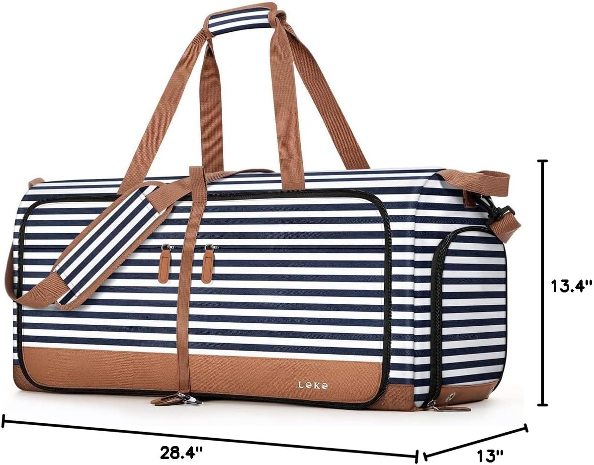 Lekesky Foldable Travel Duffle Bag for Women, 80L Large Duffel Bag with Separate Shoes Compartments & Straps, Carry On Weekend Bag for Women, Hospital, Overnight (Blue Stripes) - Image 7