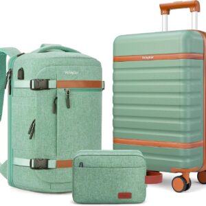 VelayborLuggage Sets 3 Piece with Spinner Wheels, Lightweight PC Hardside Suitcase with TSA Lock & YKK Zippers, 20 Inch Carry On Luggage with Travel Bag for Men and Women, Green