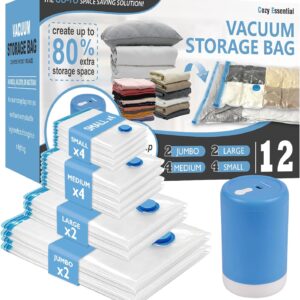 Cozy Essential Travel Vacuum Storage Bags with Portable Electric Pump, Vacuum Seal Space Saver Bags for Clothing and Luggage, 12 Pack