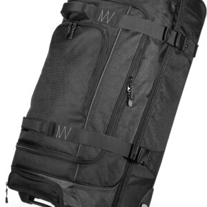 Amazon Basics 35-inch Large Rolling Duffle Bag with Wheels and Handle, Travel Duffle Bag with Durable Ripstop Polyester Material, 2 Layers of Space, Multiple Interior and Exterior Pockets, Black