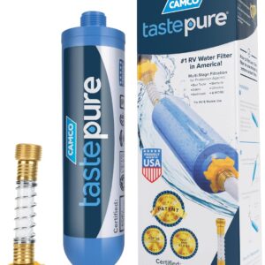 Camco Tastepure RV Water Filter - Advanced RV Inline Water Filter with Flexible Hose Protector - GAC & KDF Filtration - Made in USA - Camping Essentials for Fresh Drinking Water (40043)