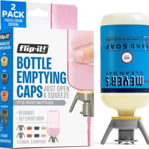 Flip-It! 2-Pack Premium Bottle Emptying Kit – No more wasted product - Fits most plastic bottles – Get out every drop of Shampoos, Lotions, & More – 2 Base Caps, 6 Adapters – Pastel Color Edition