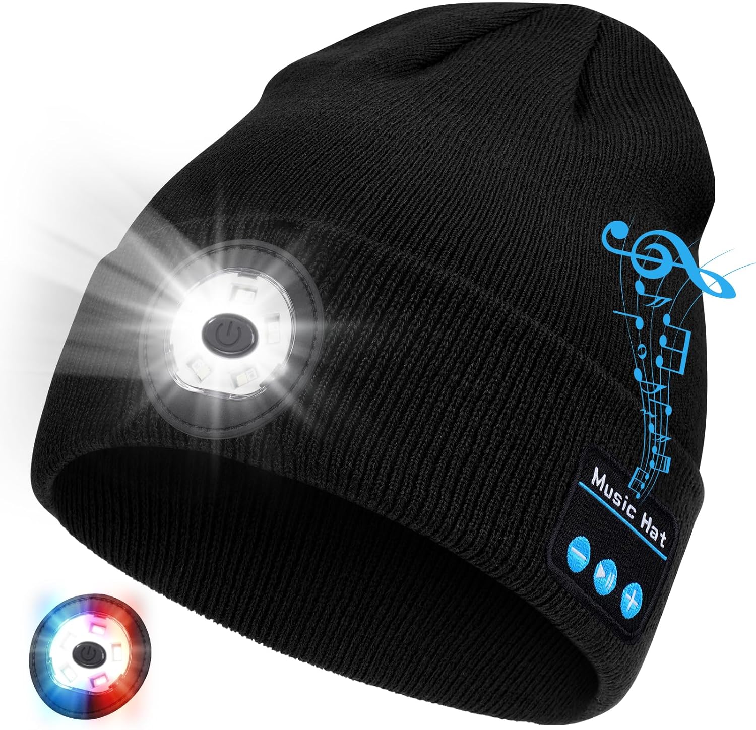 Bluetooth Beanie with Light, 2025 New Musical Knitted Hat with Headphone, Built-in Stereo Speakers Mic, 5 LED Super Bright, USB-C Charging, Cool Gadgets for Men Dad Camping Running Fishing Black