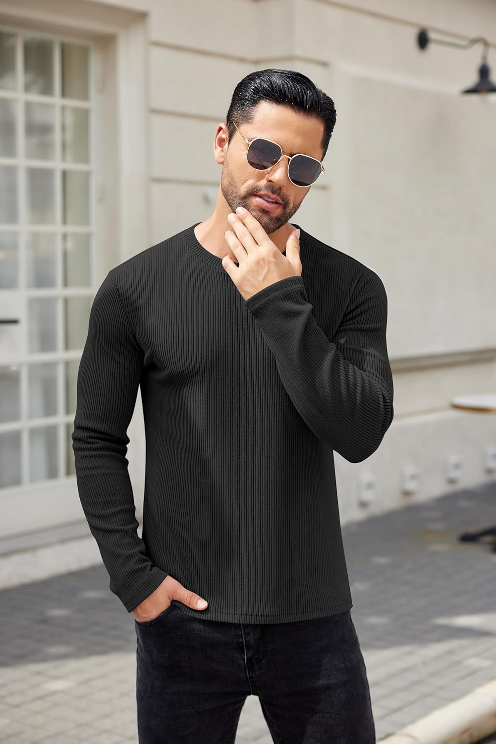 COOFANDY Mens Long Sleeve Shirts Thermal T-Shirt Slim Fit Crewneck Sweater Knitted Pullover Shirt - Image 2