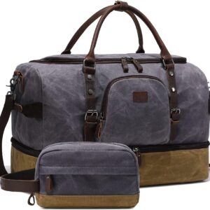 Nerlion Weekender Bag with Shoe Compartment Large Overnight Bag for Men Canvas Genuine Leather Carry on Luggage Bag Travel Duffel Bag(Gray)
