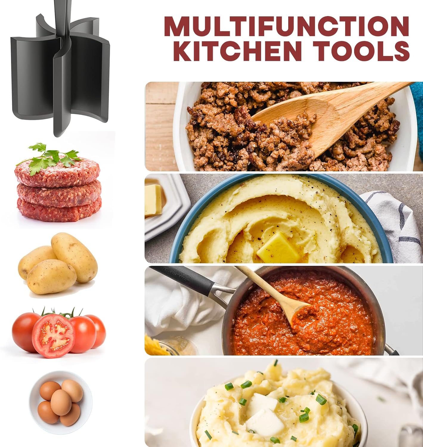 Meat Chopper, Hamburger Grinder, Premium Heat Resistant Smasher for Ground Beef, Burger Grinder Nylon Potato Mix Tool, Meat & Poultry Tenderizers-Black - Image 3