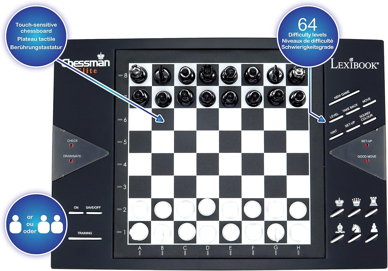 Lexibook Chessman® Elite Interactive Electronic Chess Game +, 64 Levels of Difficulty, LEDs, Family Child Board Game, Black/White, CG1300US - Image 2