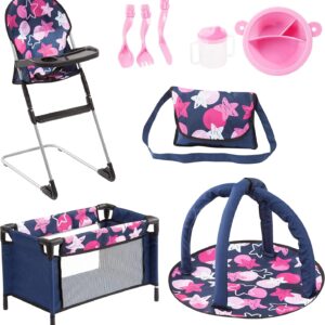 Bayer 9-in-1 Doll Accessory Set with Travel Bed & Highchair - Perfect Toy for Dolls - Includes Plate, Utensils, Play Mat and More