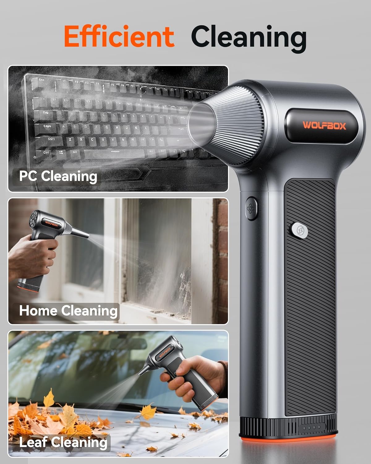 WOLFBOX MF200 Electric Air Duster with Removable Battery & 4 Nozzles, Cordless 3-Speed Adjustable Mini Blower for Computer Keyboard, Car Cleaning, Home, and Outdoor Use - Image 5