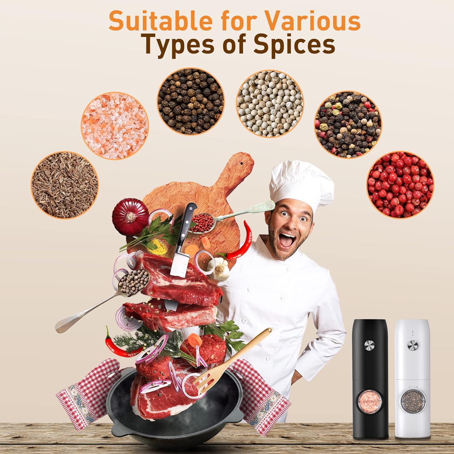 Electric Salt and Pepper Grinder Set-Rechargeable Automatic Pepper Mill Grinder with LED Christmas Gifts for Women, USB Adjustable Coarseness shakers, One-Hand Operation for Kitchen Gadgets - Image 5