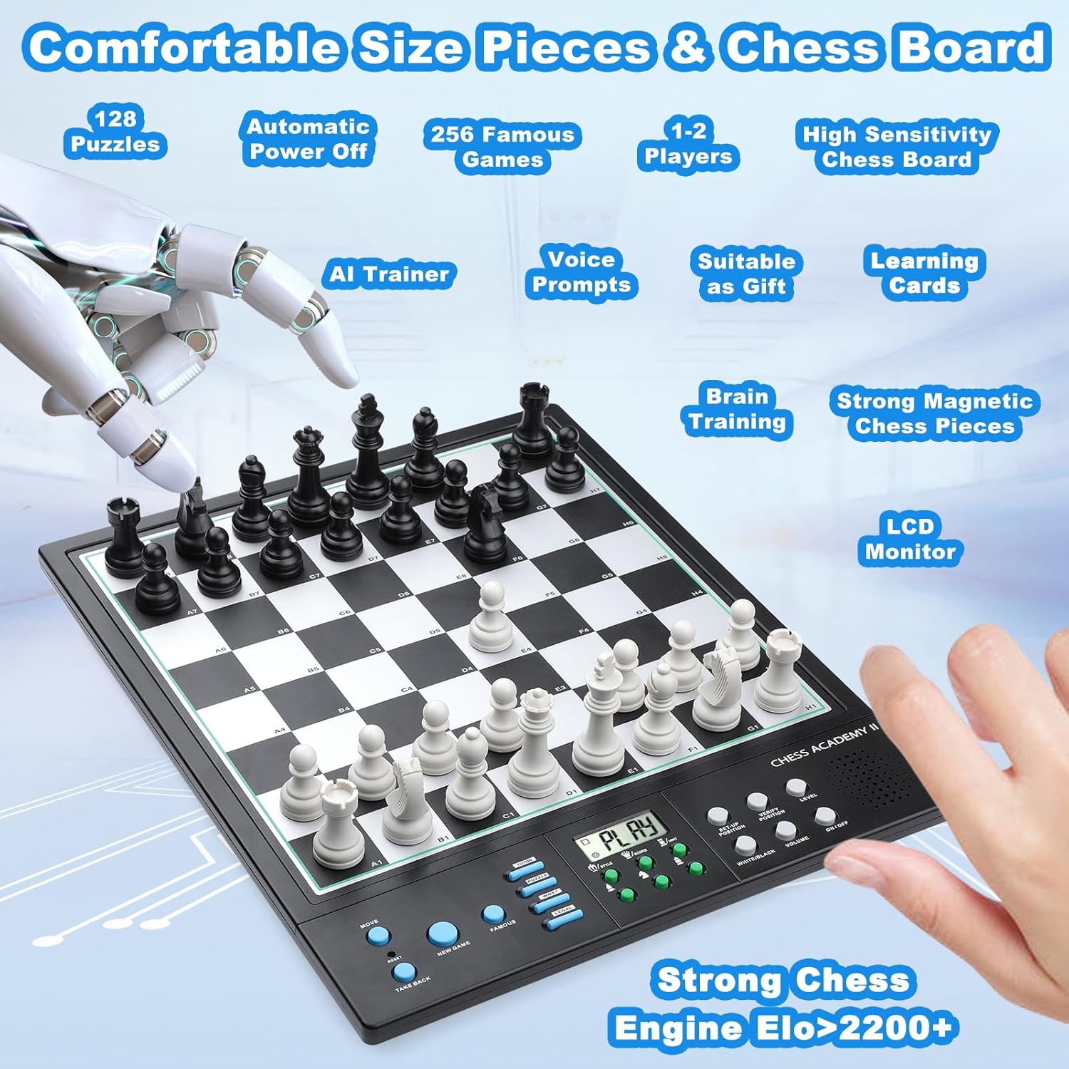 LC2B Advanced Electronic Chess Set with ELO 2200+ Engine & Talking AI Tutor, Comfortable Size Electronic Chess Board Perfect for Chess Lovers, Smart Computer Chess Game Set with Strong Magnet(Black) - Image 3
