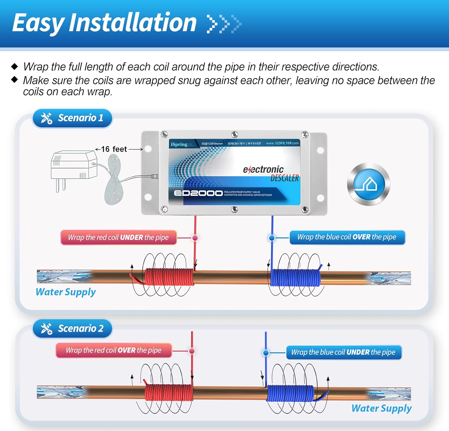 iSpring ED2000 Whole House Water Descaler, Alternative Electronic Salt-Free Hard Water Conditioner, Reduces Limescale Prevent Deposits Build-up, Different from a Water Softener - Image 4
