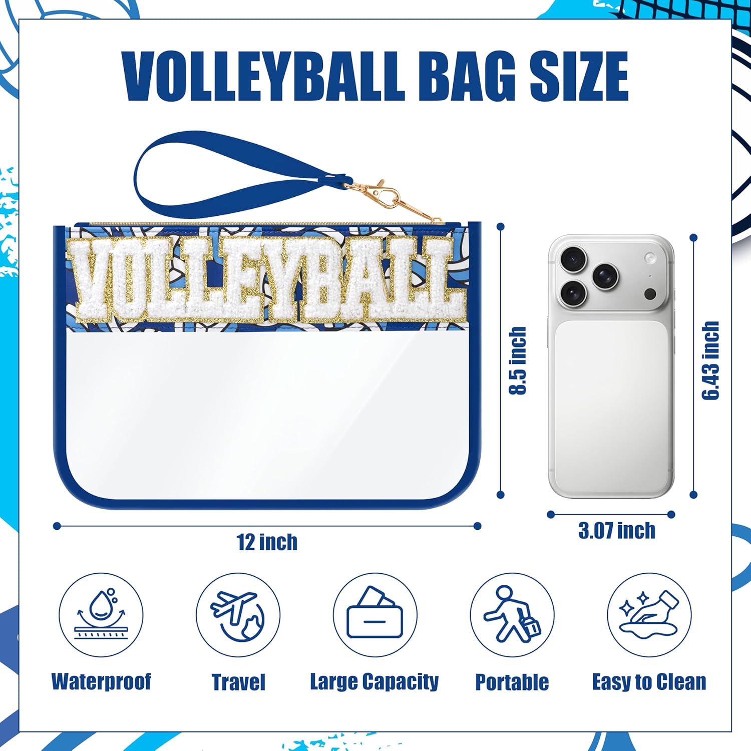 Volleyball Gifts Makeup Bag with Chenille Letter Patch, Clear Cosmetic Pouch PVC Organizer Purse, Waterproof Travel Bag, Portable Toiletry Storage Bag for Her Friends - Image 2