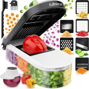 Fullstar Mandoline Slicer for Kitchen - Vegetable Chopper, Onion Potato Food Veggie Fruit Slicer and Cutter with Container, Kitchen Gadgets & Gifts, Home Essentials (6-in-1, White/Black)