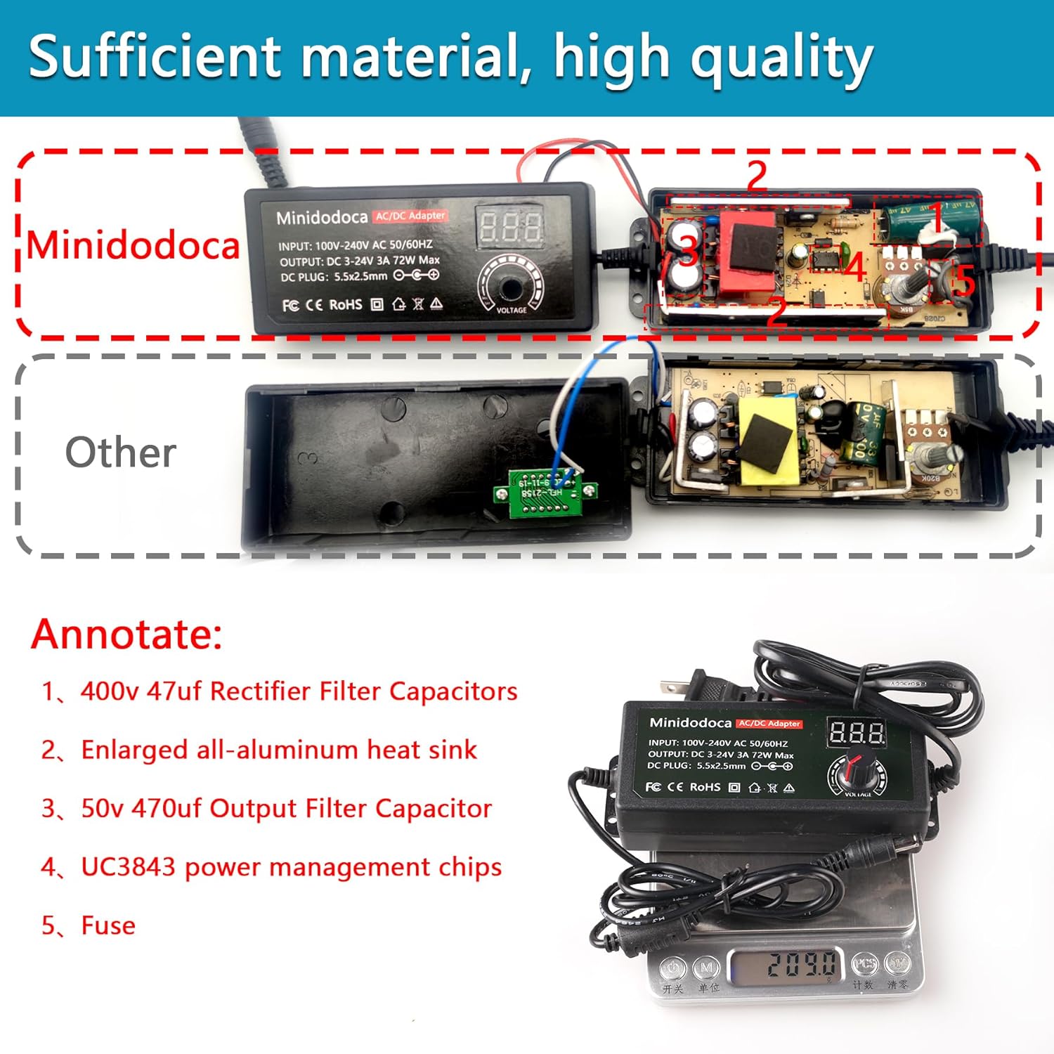 72W Power Supply Adjustable DC 3V ~ 24V Variable Universal Switching AC/DC Adapter Minidodoca AC to DC Converter with LED Voltage Display and 13 Tips, for 3V to 24V Household Electronics - 3000mA Max - Image 3