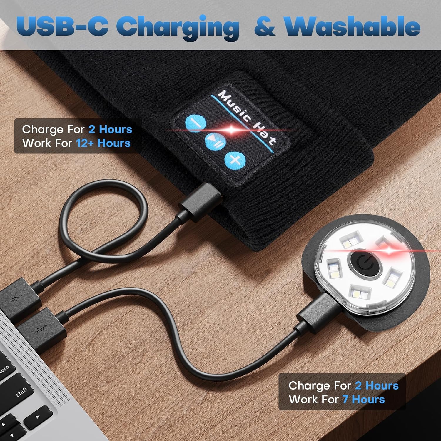 Bluetooth Beanie with Light, 2025 New Musical Knitted Hat with Headphone, Built-in Stereo Speakers Mic, 5 LED Super Bright, USB-C Charging, Cool Gadgets for Men Dad Camping Running Fishing Black - Image 5