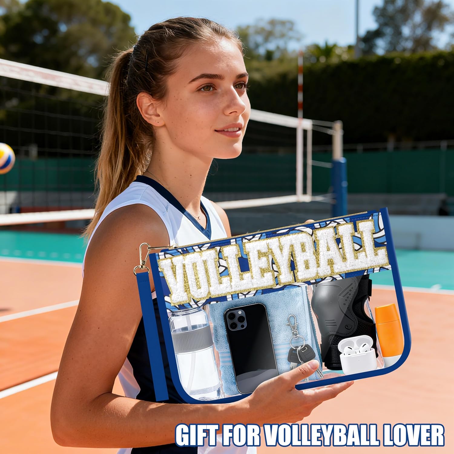 Volleyball Gifts Makeup Bag with Chenille Letter Patch, Clear Cosmetic Pouch PVC Organizer Purse, Waterproof Travel Bag, Portable Toiletry Storage Bag for Her Friends - Image 6