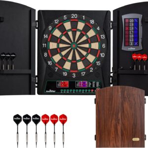 Arachnid Cricket Maxx 1.0 Electronic Dartboard Cabinet Set - Walnut Finish Doors - 34 Game Types with 183 Variations - Up to 8 Players - Includes Six Soft Tip Darts