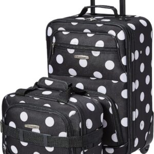 Rockland Fashion Softside Upright Luggage Set,Expandable, Telescopic Handle, Wheel, Black Dot, 2-Piece (14/19)