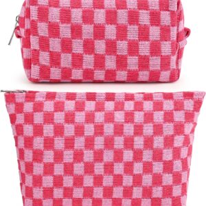 SOIDRAM 2 Pieces Makeup Bag Large Checkered Cosmetic Bag Capacity Canvas Mix Travel Toiletry Bag Organizer Cute Makeup Brushes Aesthetic Accessories Storage Bag for Women, Checkered Mix Rose Red